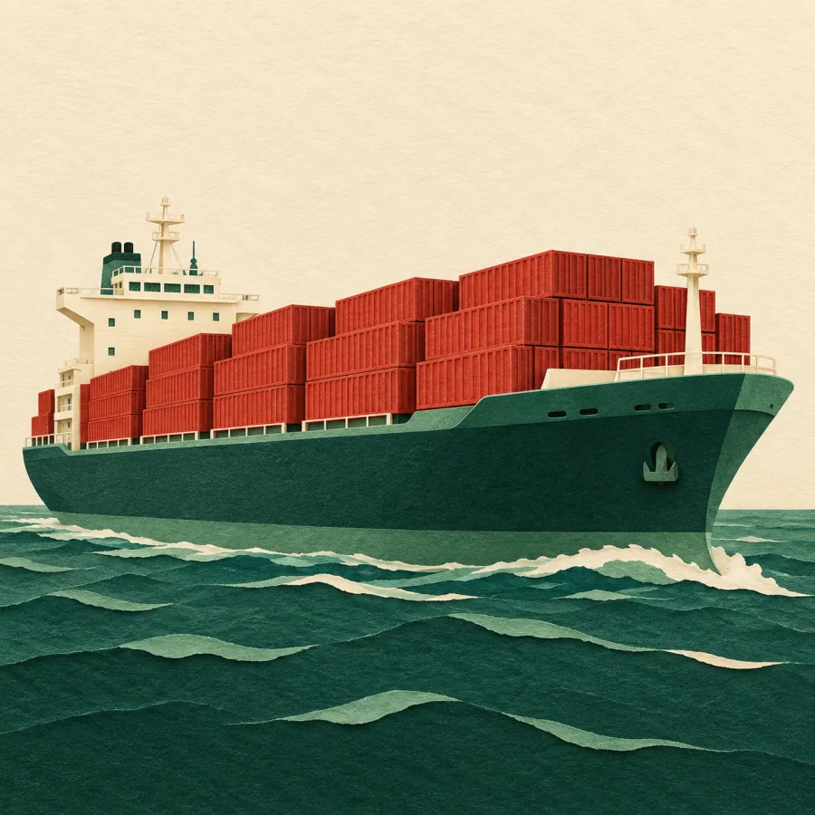 A cargo ship with containers sails across the sea
