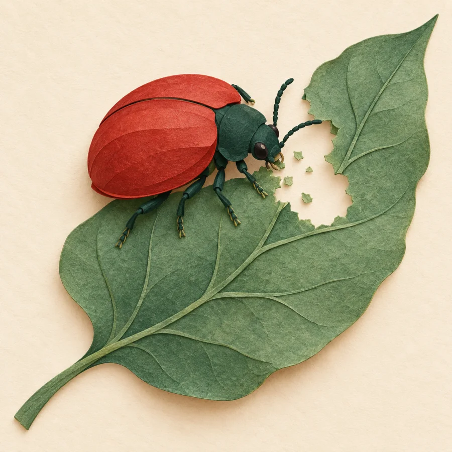 A beetle chews a hole in a green leaf