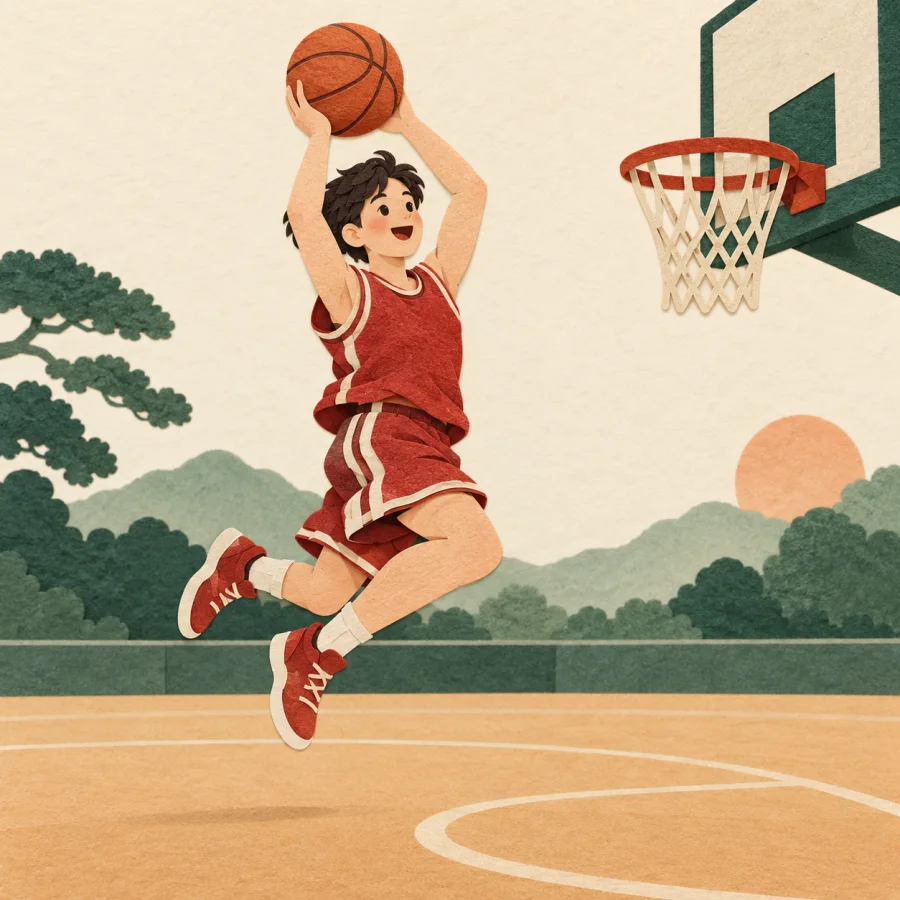 A person leaps to throw a ball into a basket
