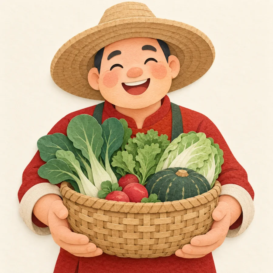 A smiling farmer holds out a basket of vegetables
