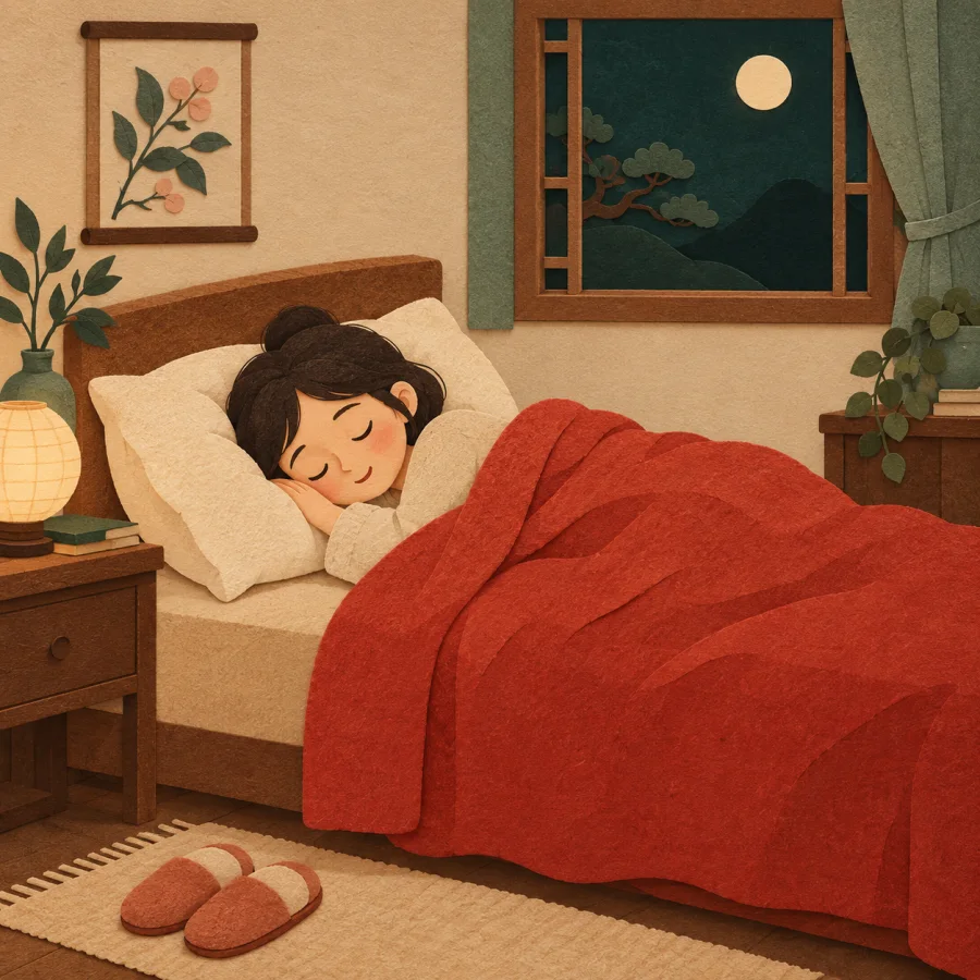 A person sleeps soundly under a red blanket