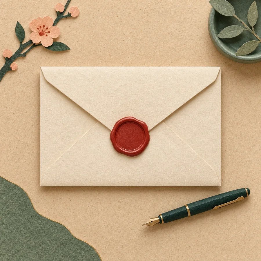 A sealed envelope with a red seal on a desk