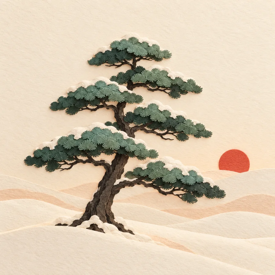 A snowy plain with one pine and a low sun