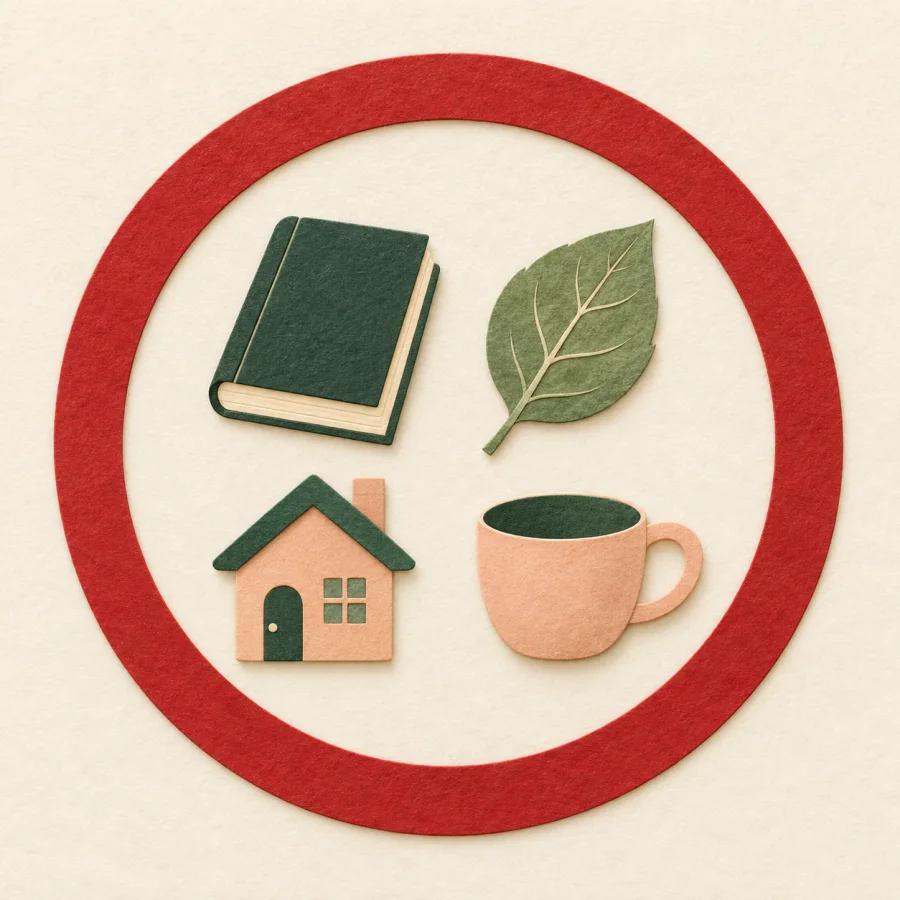 A red ring encircles a book, leaf, house and cup