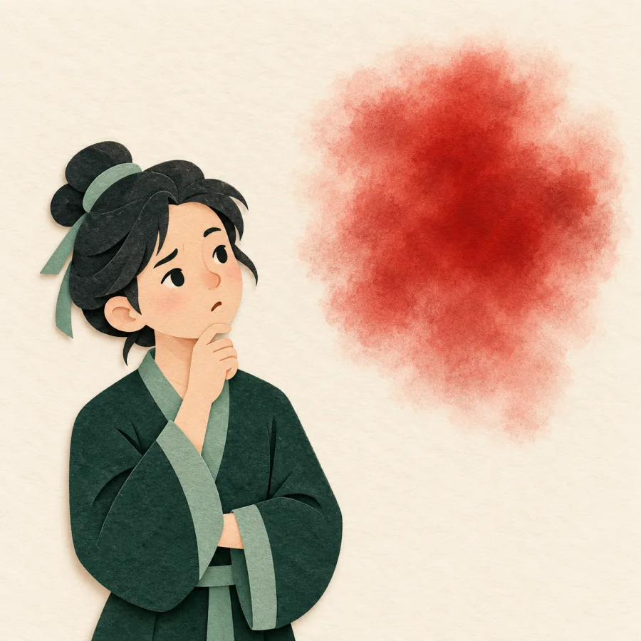 A puzzled person looks at a blurry red shape