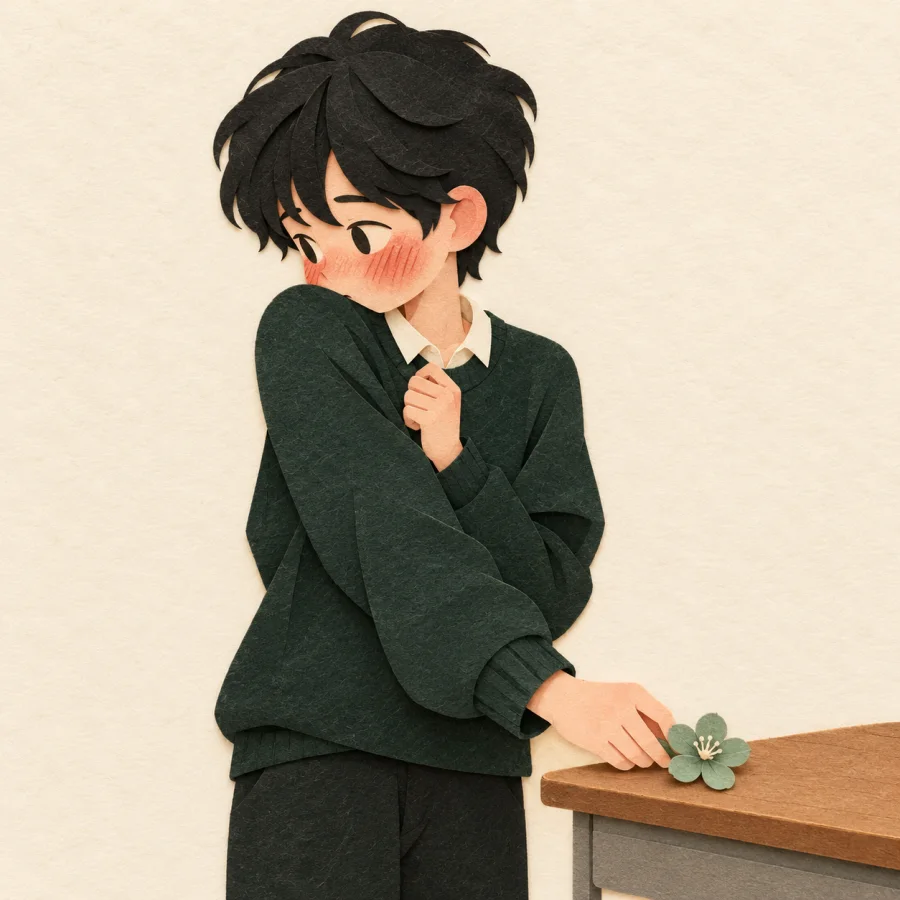 A shy person quietly leaves a flower on a desk
