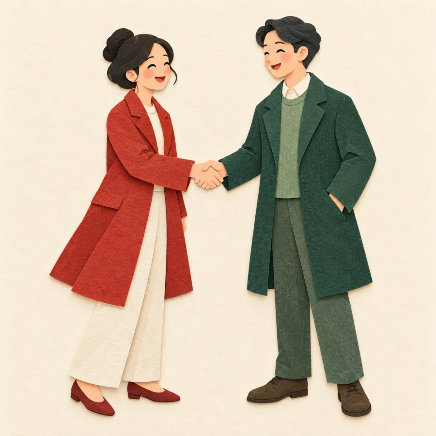 Two smiling people greet each other with a handshake