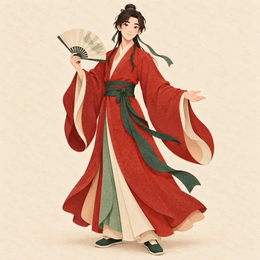 A person in a red wide-sleeved robe holding a fan