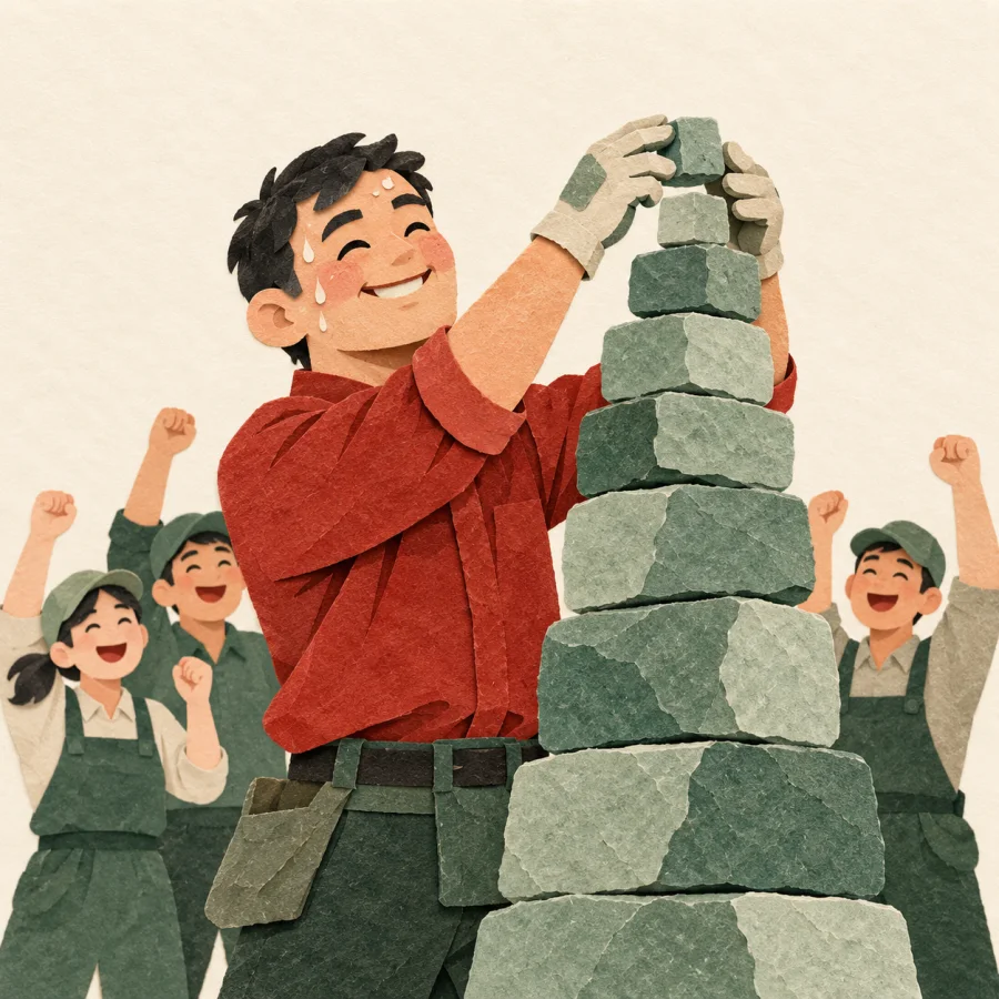 A sweaty worker places the last stone on a tower