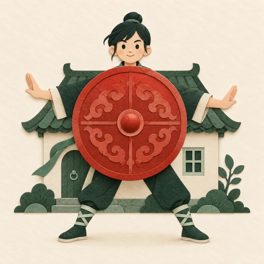 A person with a shield stands guard before a small house