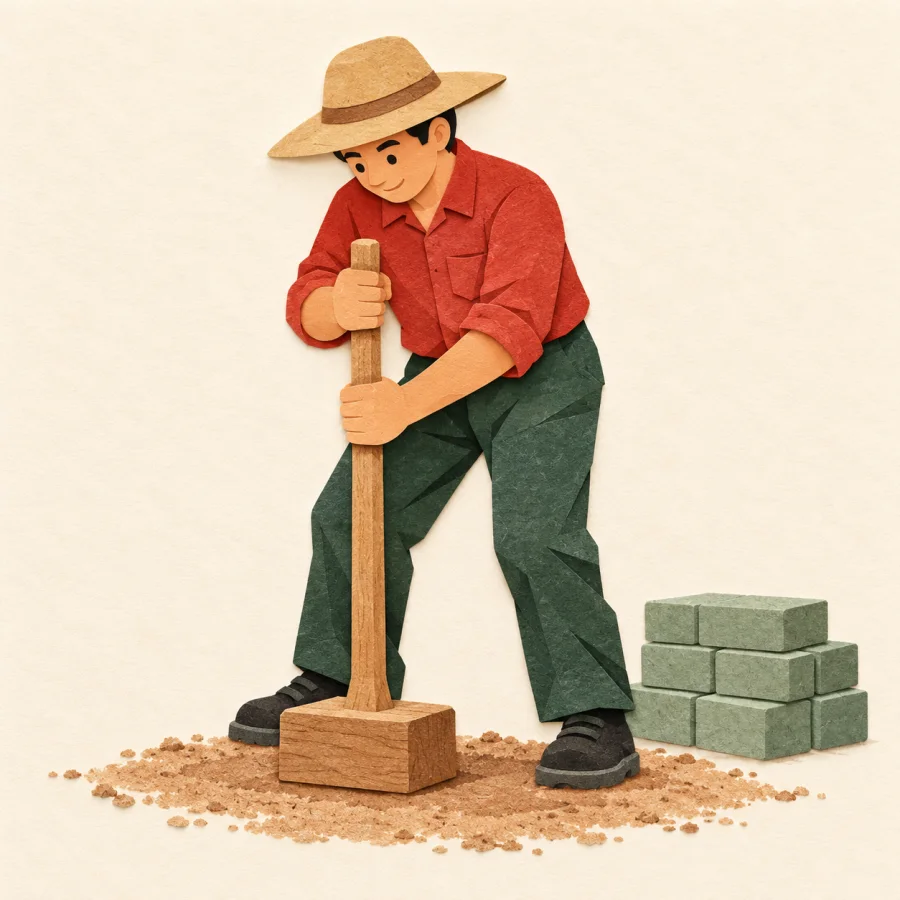 A worker pounds the ground flat with a heavy tamper