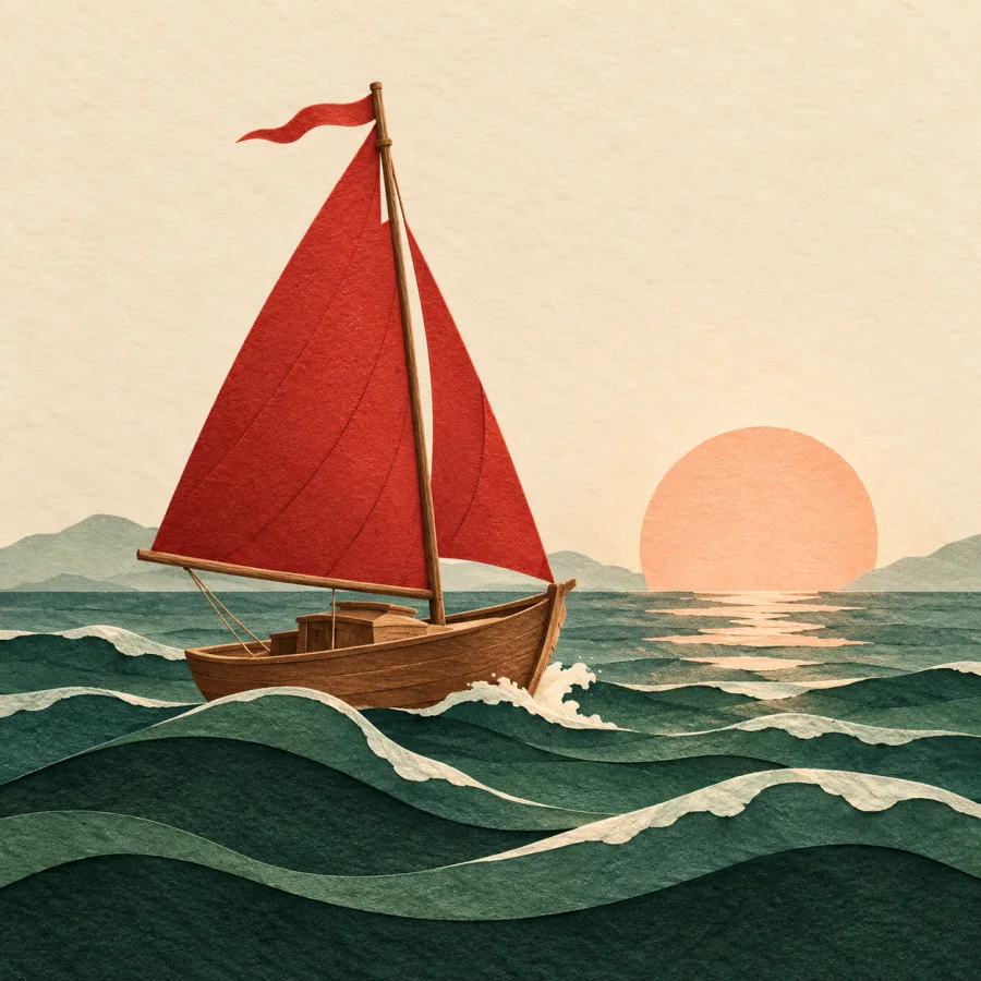 A sailboat with a red sail rides over waves