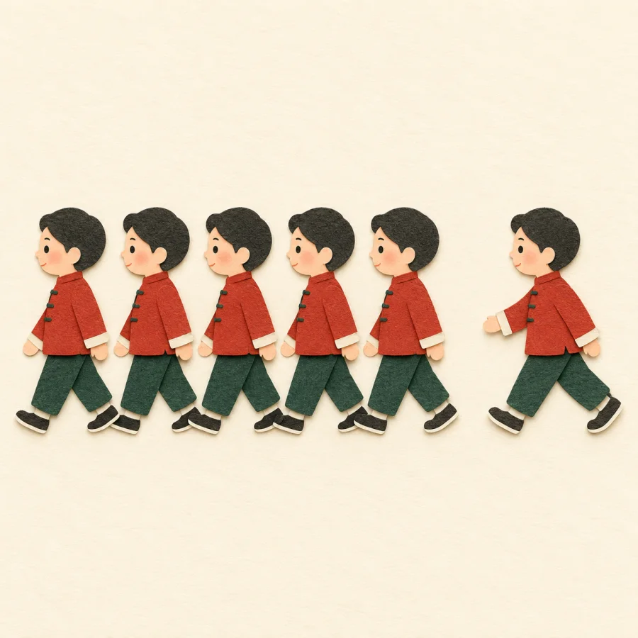 People in red jackets walk in a neat line