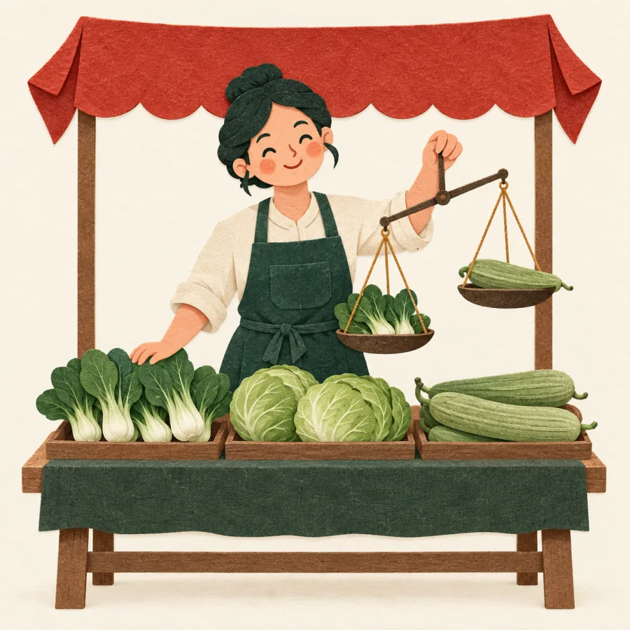 A vendor with a scale at a vegetable stall