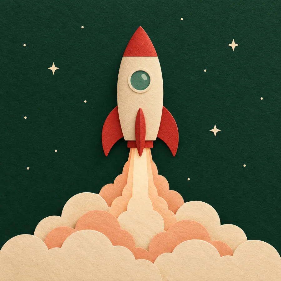 A rocket lifts off into a dark starry sky