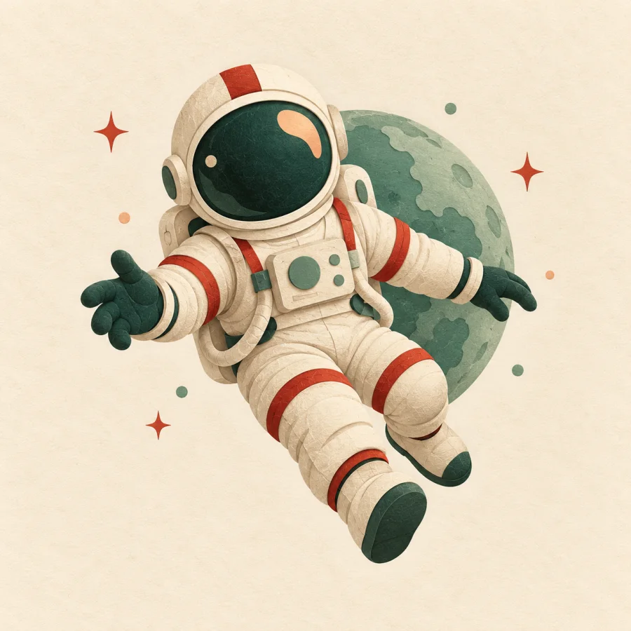 An astronaut in a white suit floats before a planet