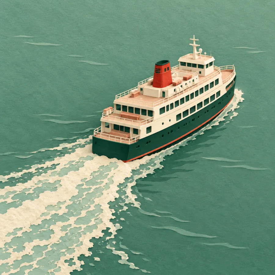 A ferry with a red funnel leaves a foamy wake