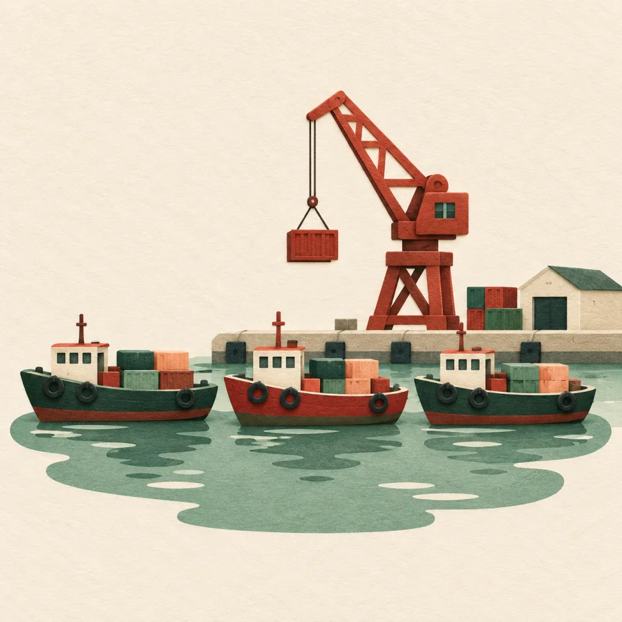 Several cargo boats lined up on a calm river