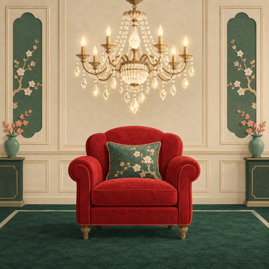 A grand chandelier above a red armchair