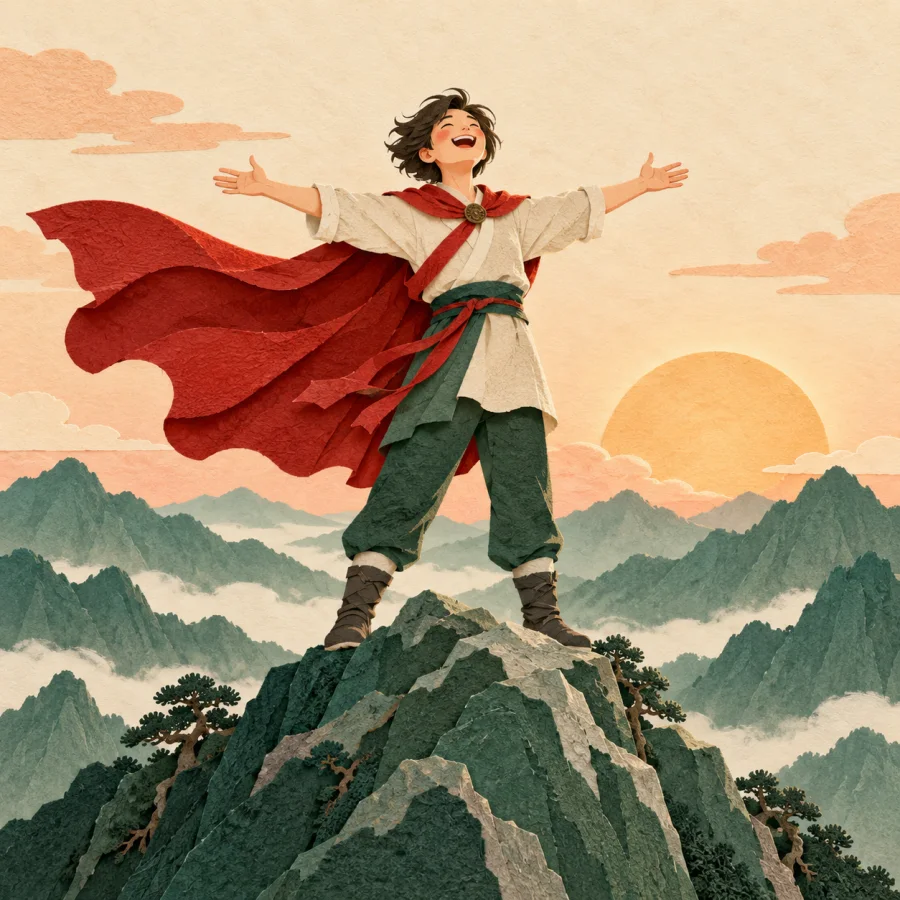 A person with a billowing cape laughs on a mountain peak