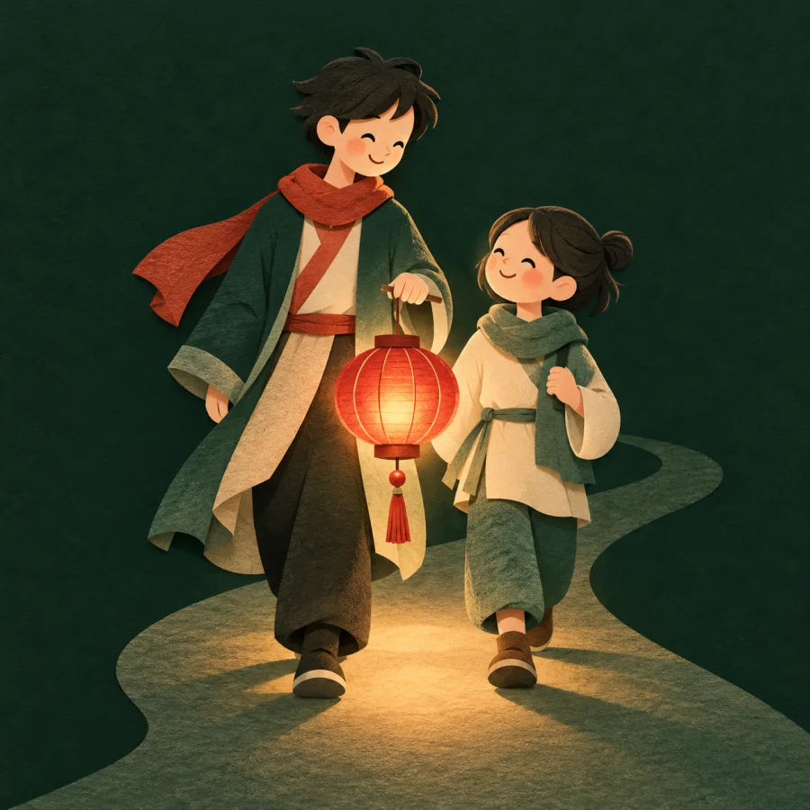 A person with a red lantern lights the way for a smaller one
