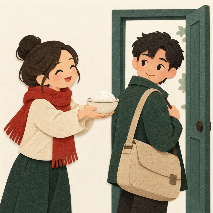 A person in a red scarf offers a friend a bowl of rice