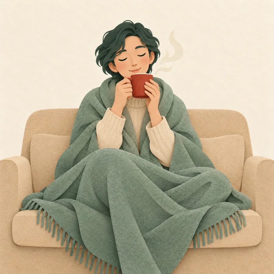 A person in a green blanket sips tea with relief