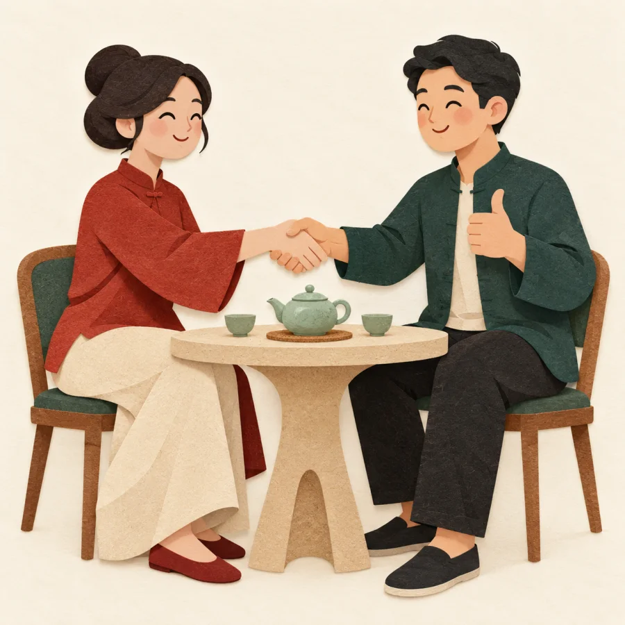 Two people shake hands at a table with a teapot