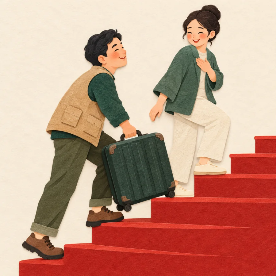 A neighbour carries a suitcase up red stairs