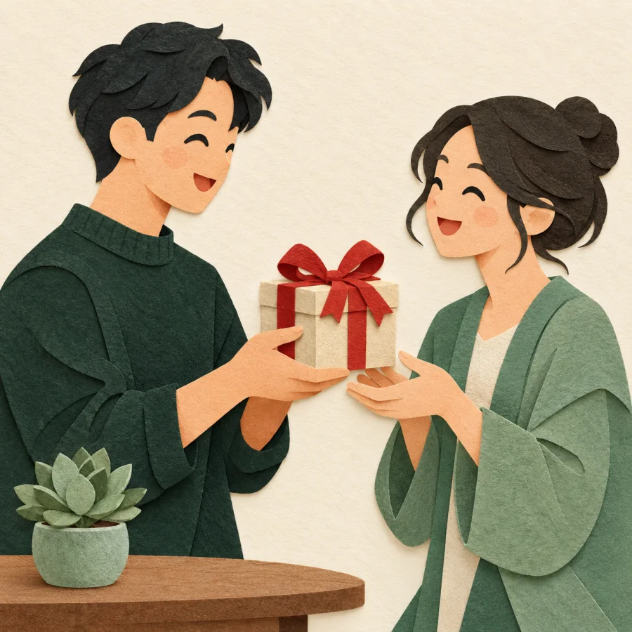 A person smiling hands a friend a gift box with a red ribbon