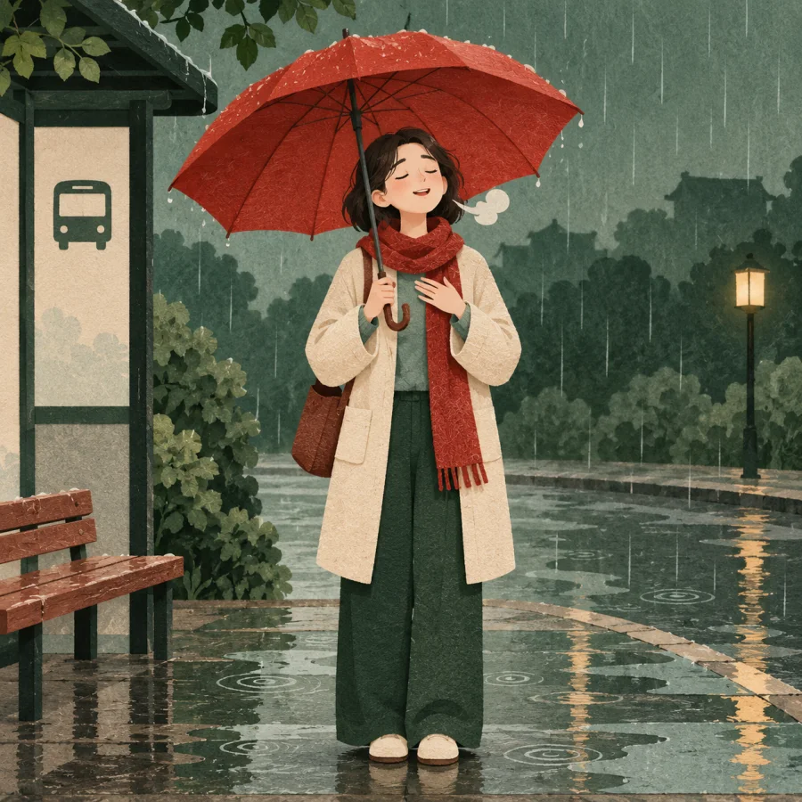 A person with a red umbrella sighs with relief in the rain
