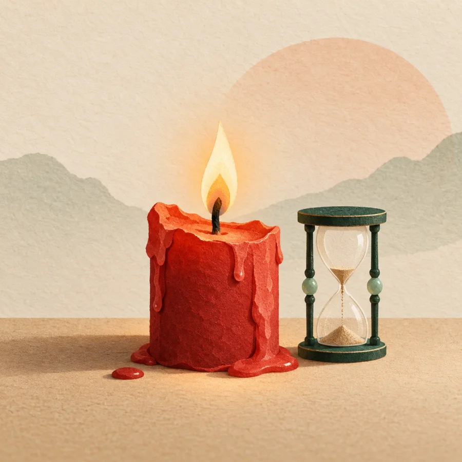 A red candle burns down beside an hourglass