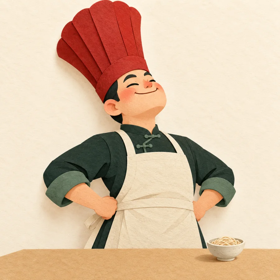 A boastful chef in a red hat beside a bowl of noodles
