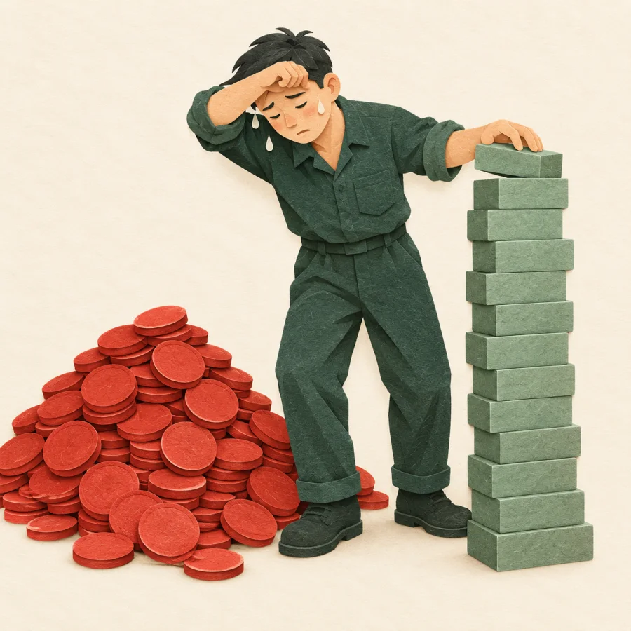 A worker wipes sweat beside a tall tower of bricks