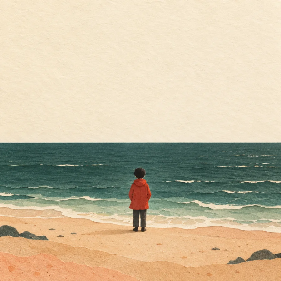 A small person on a shore gazes at an endless sea