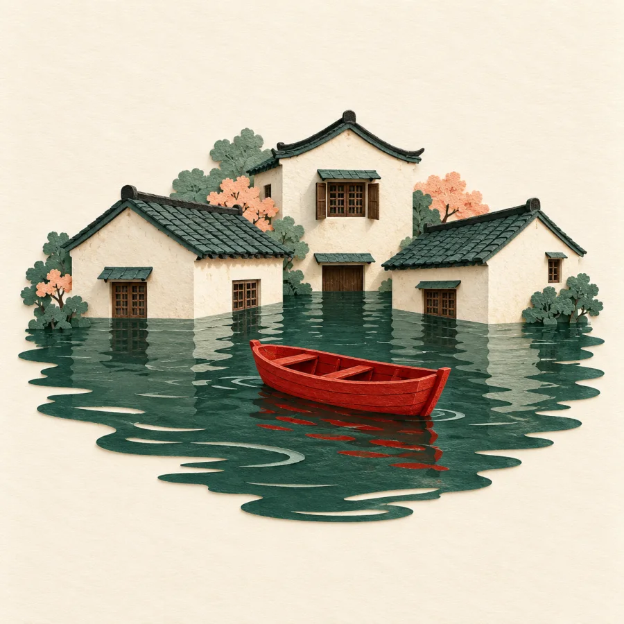 A flooded village with one small red boat
