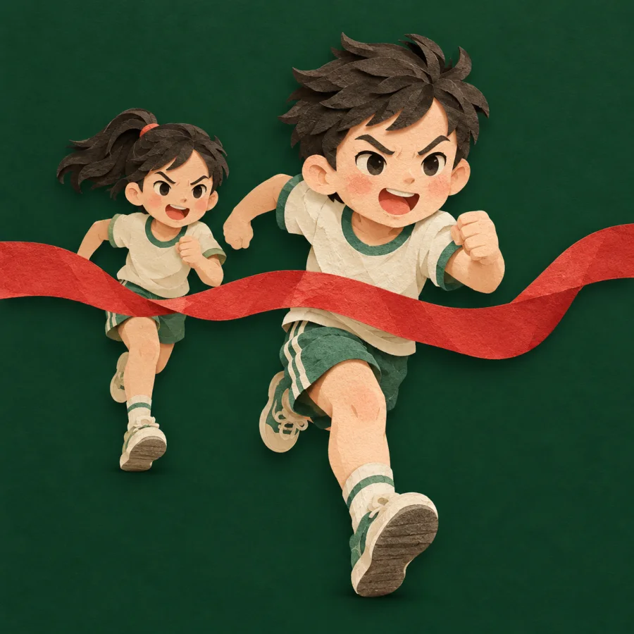 Two children race toward a finish ribbon
