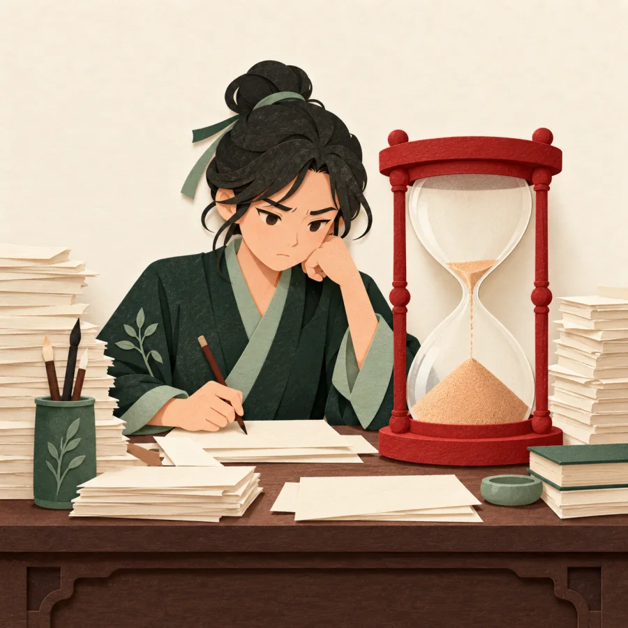 A person at a desk beside a large hourglass