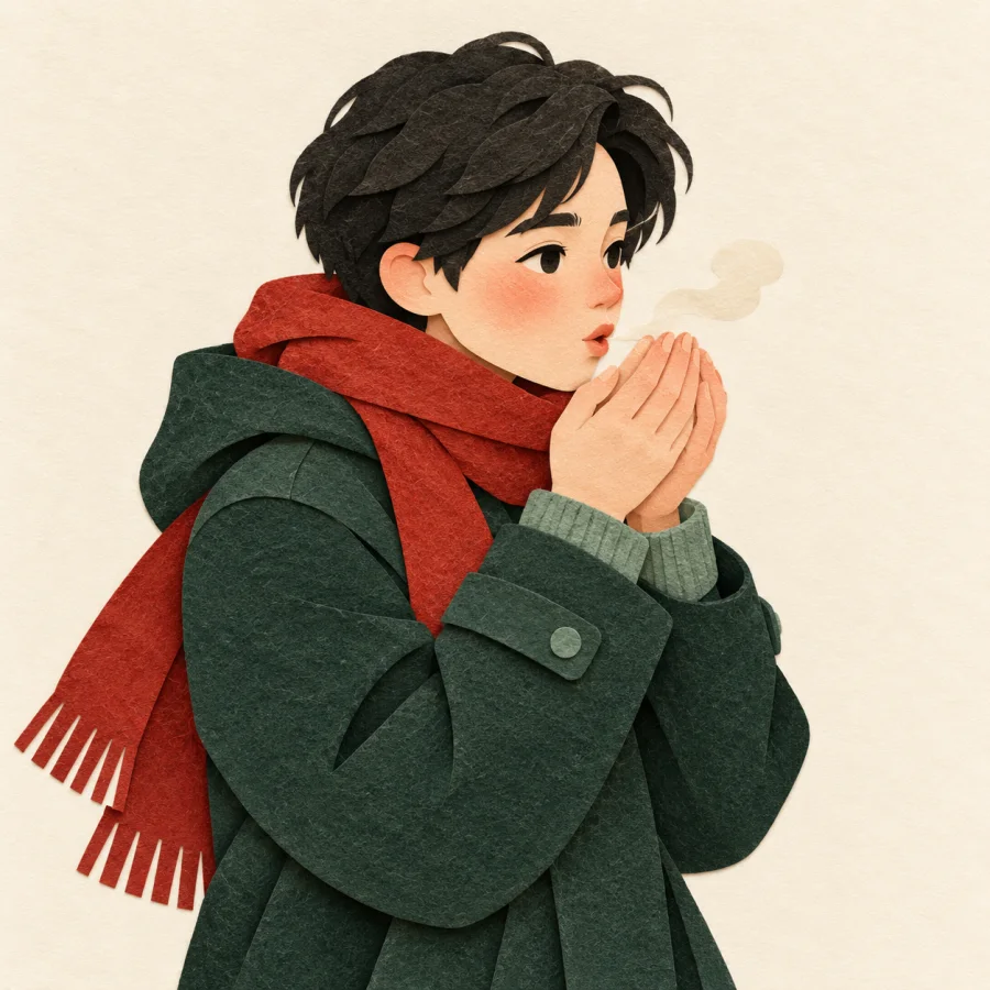 A person in a winter coat breathes on cupped hands