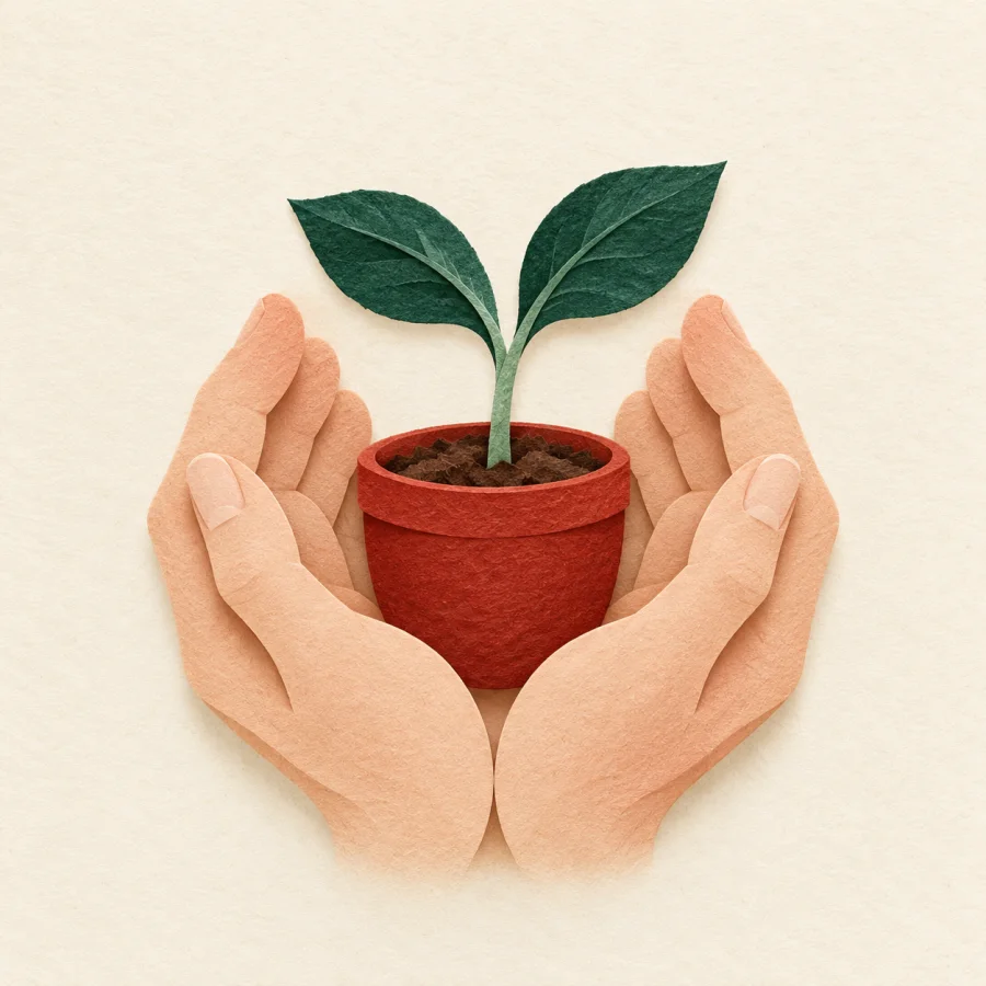 Cupped hands gently shield a small seedling