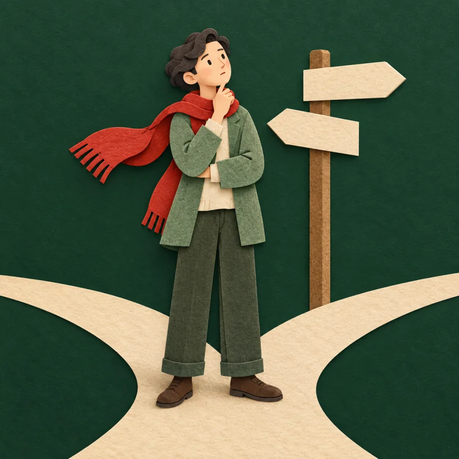 A thoughtful person at a crossroads with a signpost
