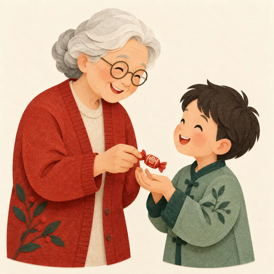 A smiling elderly person hands a child a candy
