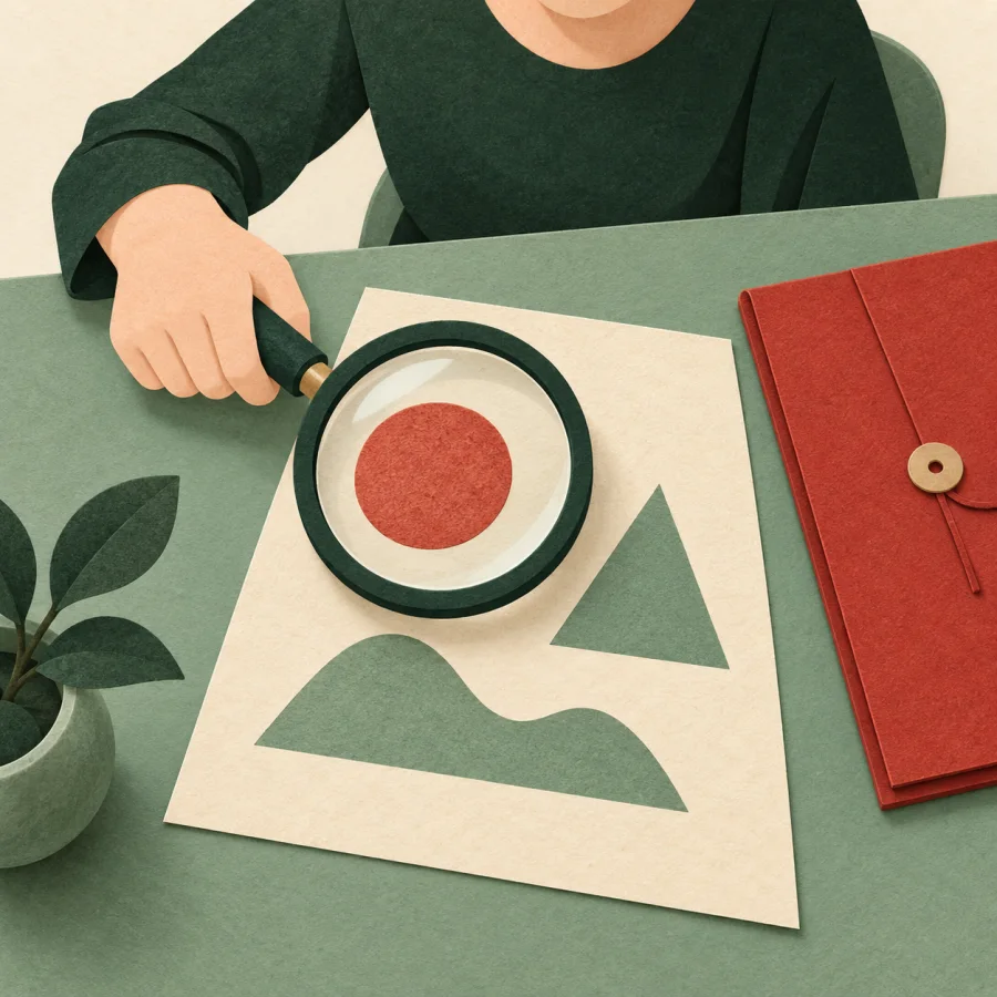 A person with a magnifying glass studies a document