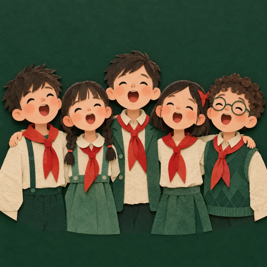 A row of children in red scarves sing together