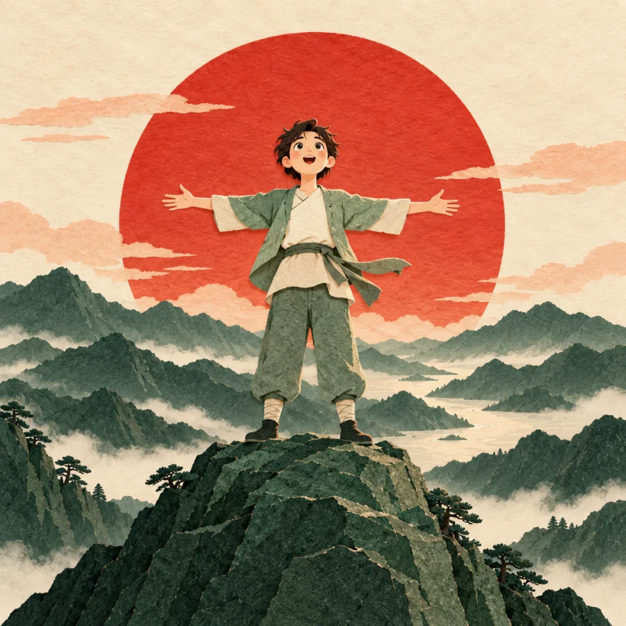 A person spreads their arms on a mountaintop at sunrise