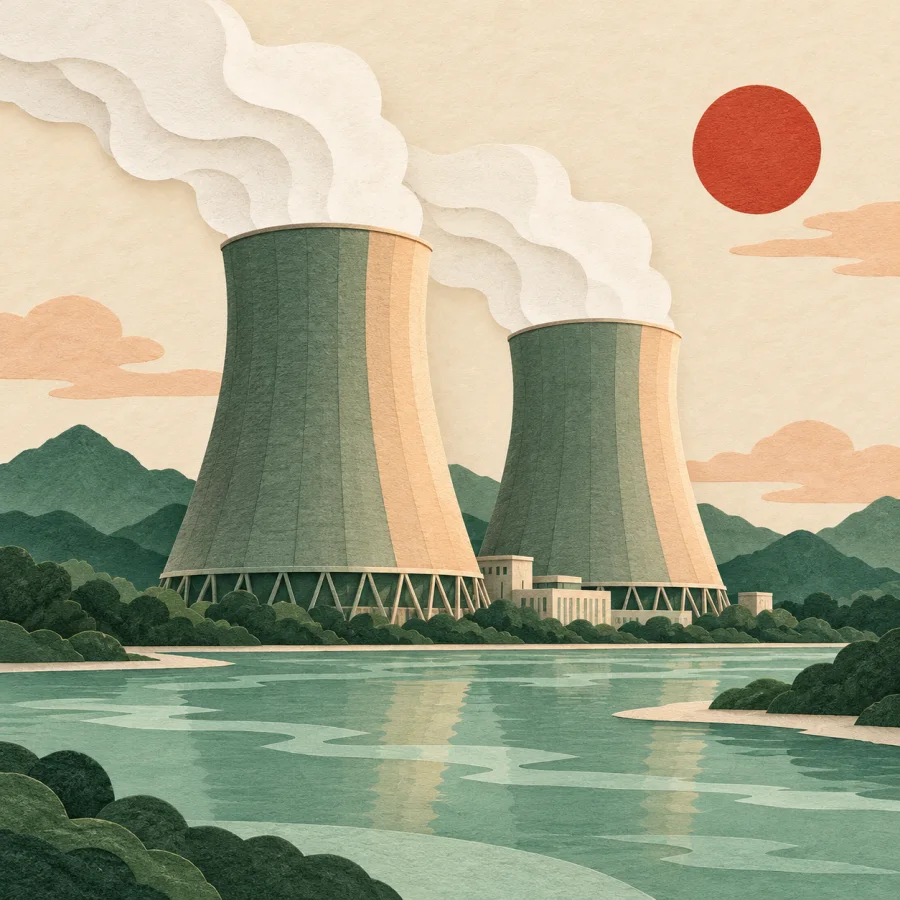 Two cooling towers release steam beside a river