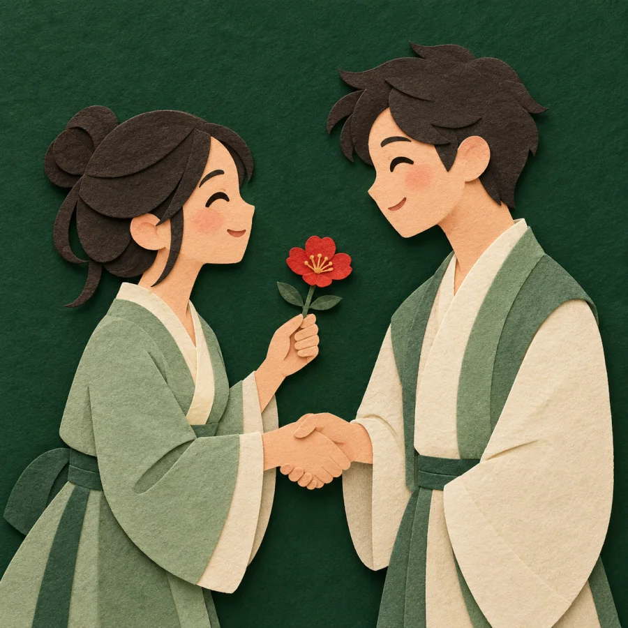 Two smiling people clasp hands