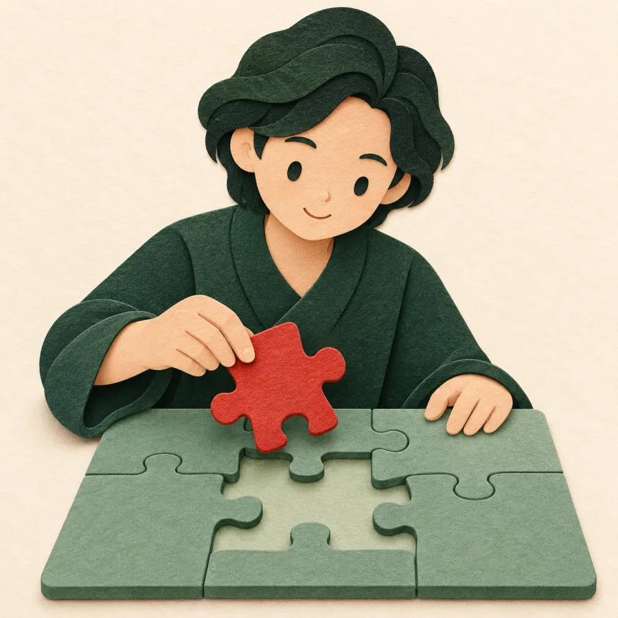 A person fits a red puzzle piece into a gap