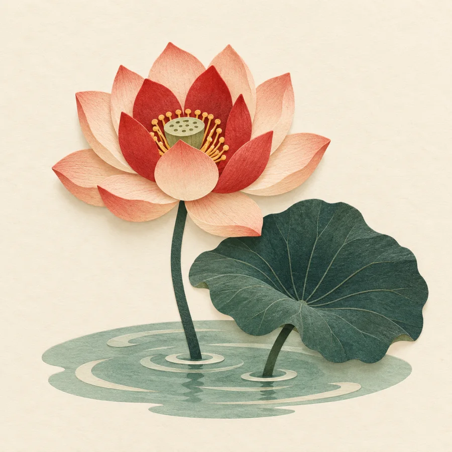A pink lotus flower above water with a broad leaf