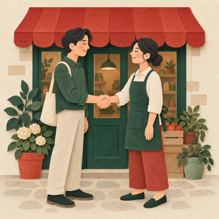 Two smiling people stand at a small shop counter